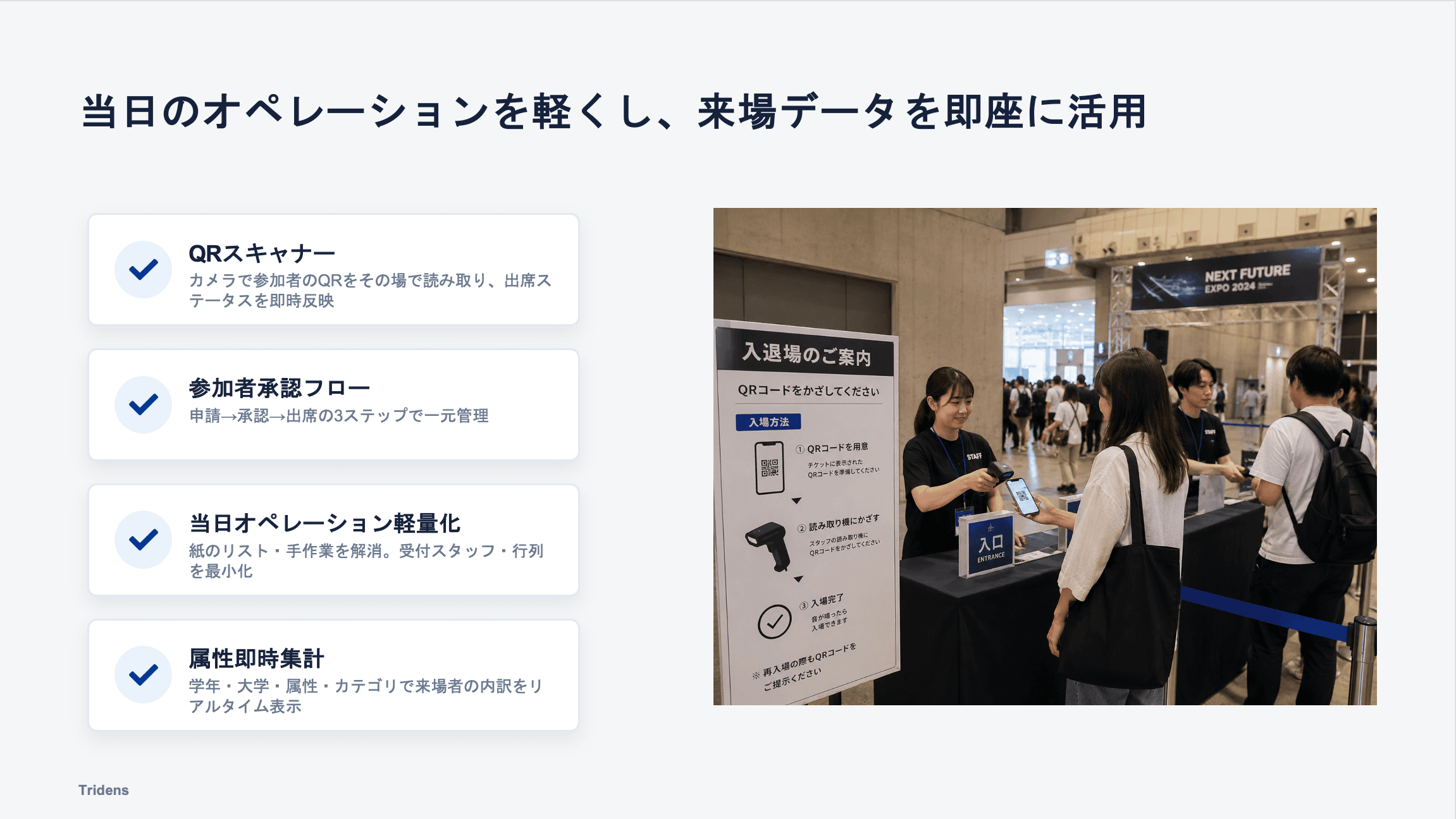 QR受付による当日オペレーション軽量化のスライド